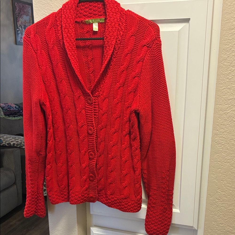 Sigrid Olsen Red Cable-Knit Shawl Collar button down Cardigan Sweater
